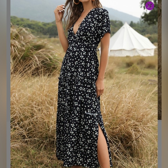 Navy floral ruffle trim midi dress - Picture 2 of 10